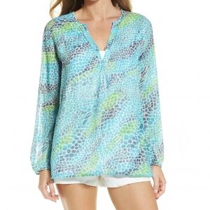 NEW Perry Ellis Blue Ocean Green Peasant Blouse White Medium NWT